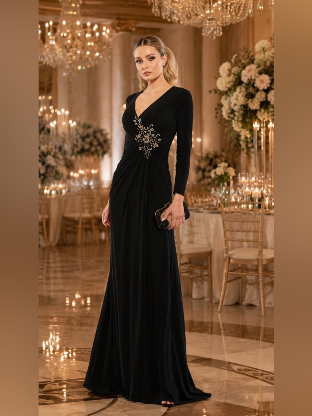 Mac Duggal 67848 FAUX WRAP LONG SLEEVE GOWN W/ APPLIQUÉ DETAIL NWT